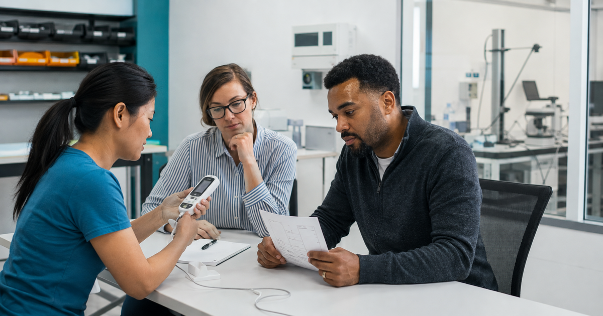 Medical device team observing a user interacting with a handheld device during a human factors review.