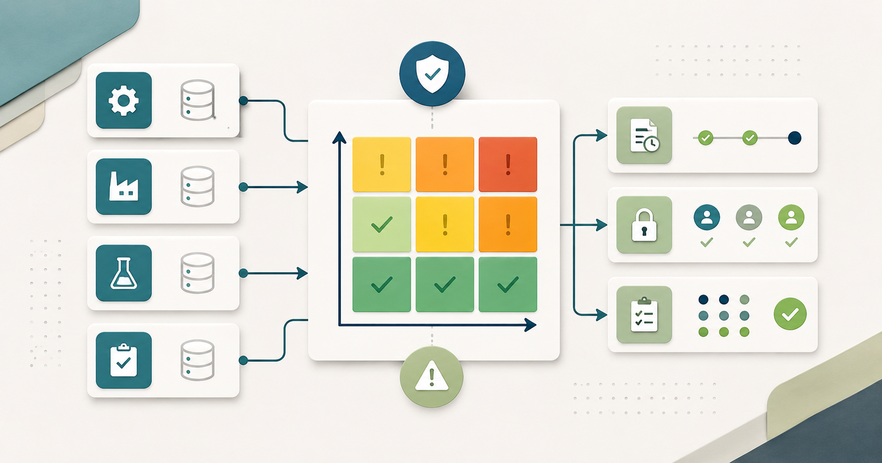 Risk-based submission readiness diagram with evidence inputs, a graded risk matrix, and controlled outputs for eSTAR 510(k) and De Novo filings.