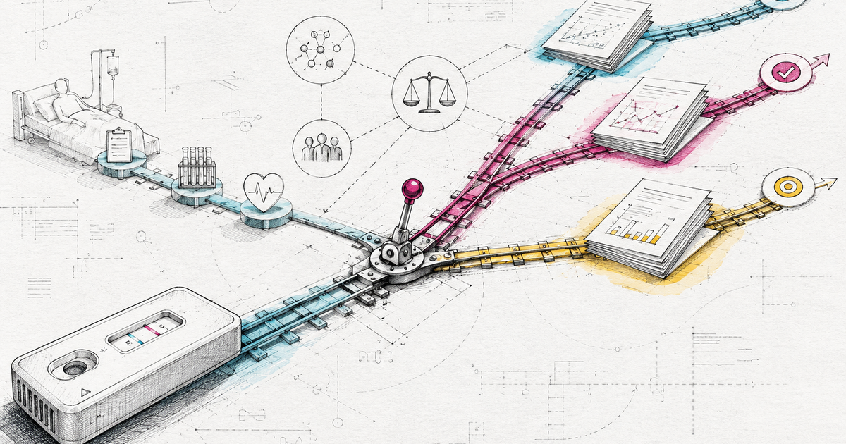 Editorial illustration of an IVD evidence roadmap connecting a diagnostic cartridge, study design choices, comparative outcomes, and consultation checkpoints.