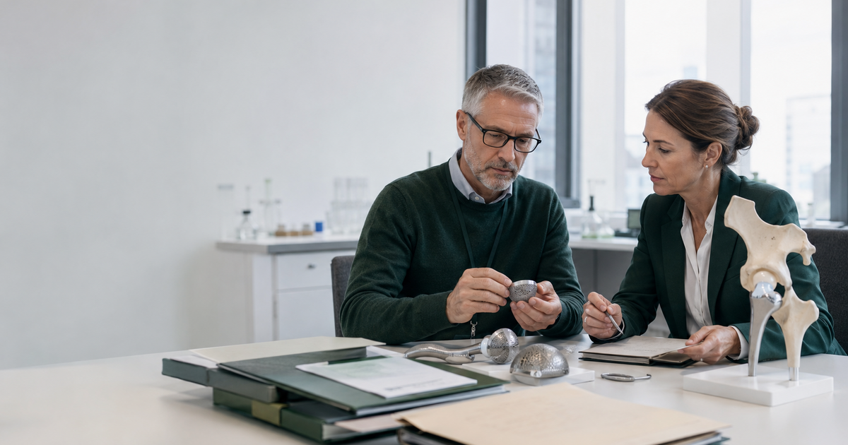 Clinical and regulatory specialists reviewing implantable device components alongside controlled evidence folders in a bright laboratory workspace.