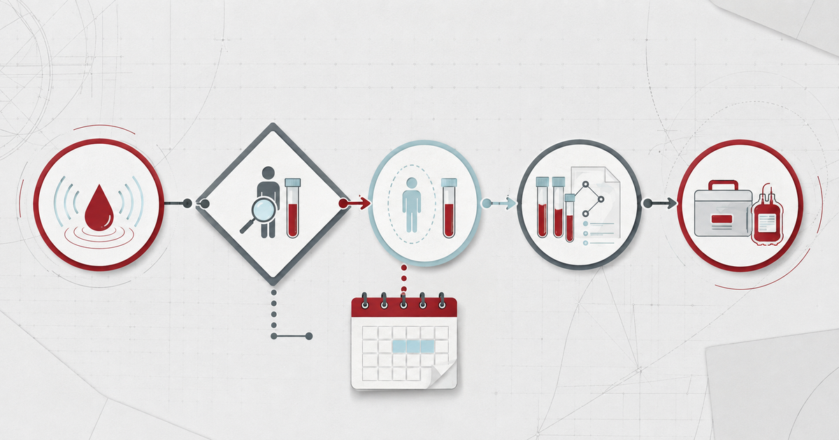 Blood establishment response workflow showing donor screening, deferral timing, and product traceability steps.